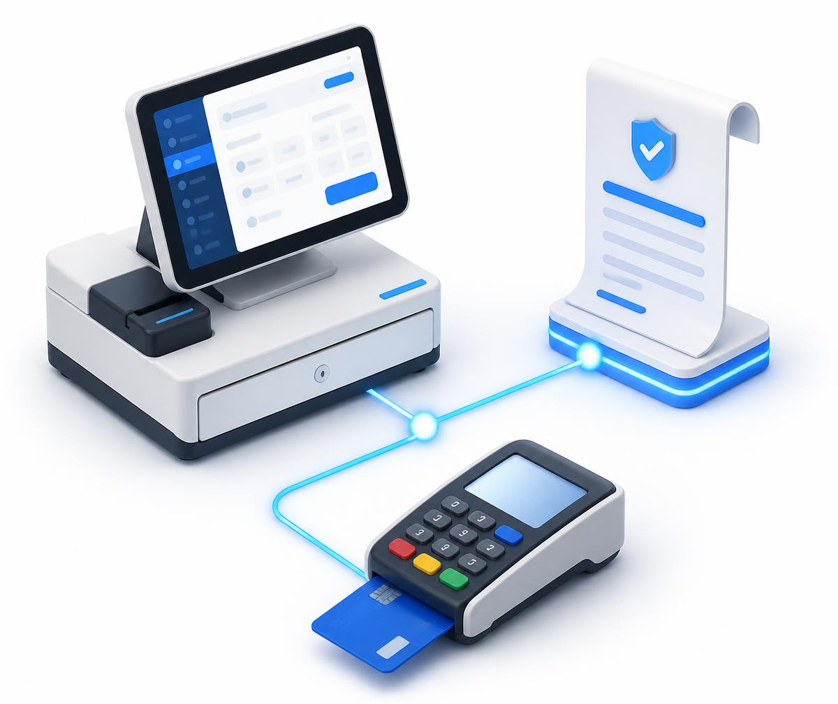 PDV conectado a pin pad com cartão e a um documento fiscal eletrônico